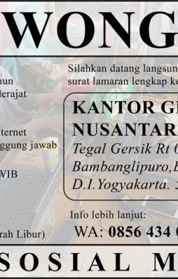 Info Lowongan Pekerjaan Tim Online dan HRD untuk Wilayah Bantul Yogyakarta